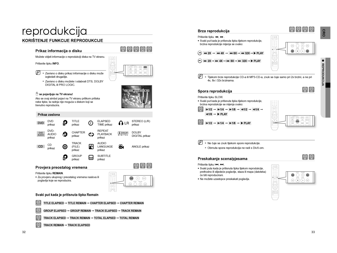 Samsung HT-XA100T/EDC manual Korištenje Funkcije Reprodukcije, Prikaz informacija o disku, Provjera preostalog vremena 