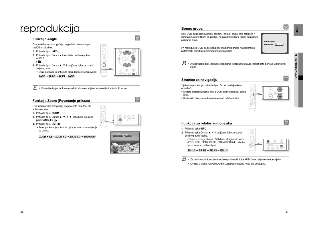 Samsung HT-XA100T/EDC manual Funkcija Angle, Funkcija Zoom Povećanje prikaza, Funkcija za odabir audio jezika 