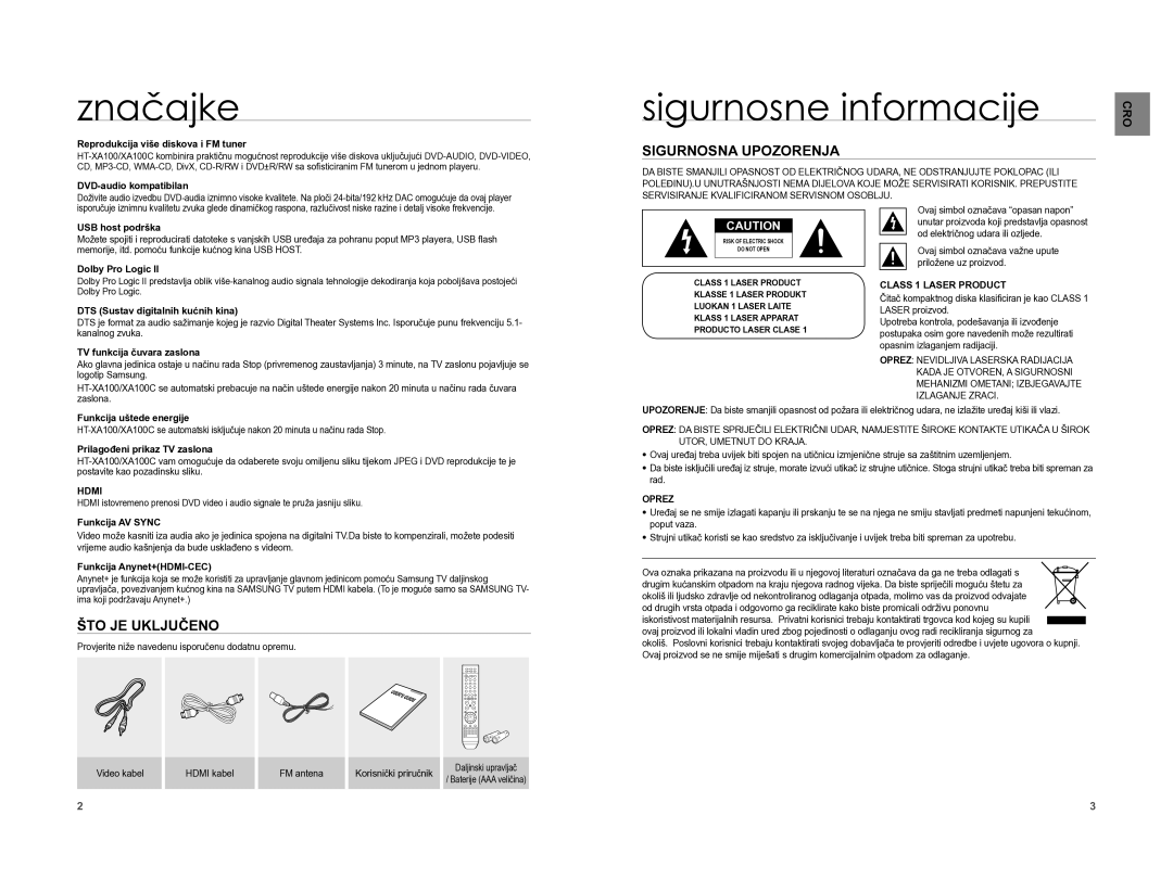 Samsung HT-XA100T/EDC manual Značajke, Sigurnosne informacije, Sigurnosna Upozorenja, ŠTO JE Uključeno 