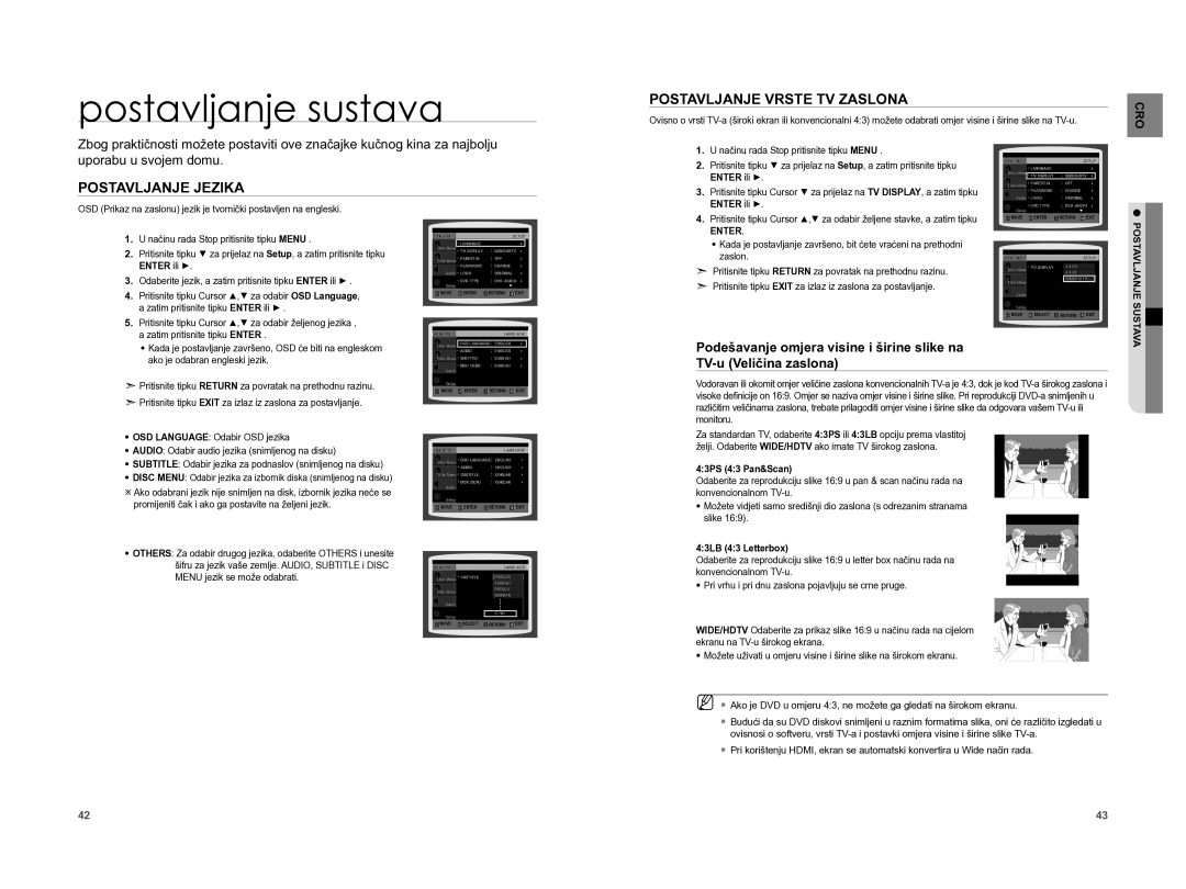 Samsung HT-XA100T/EDC manual Postavljanje sustava, Postavljanje Jezika Postavljanje Vrste TV Zaslona, 43PS 43 Pan&Scan 