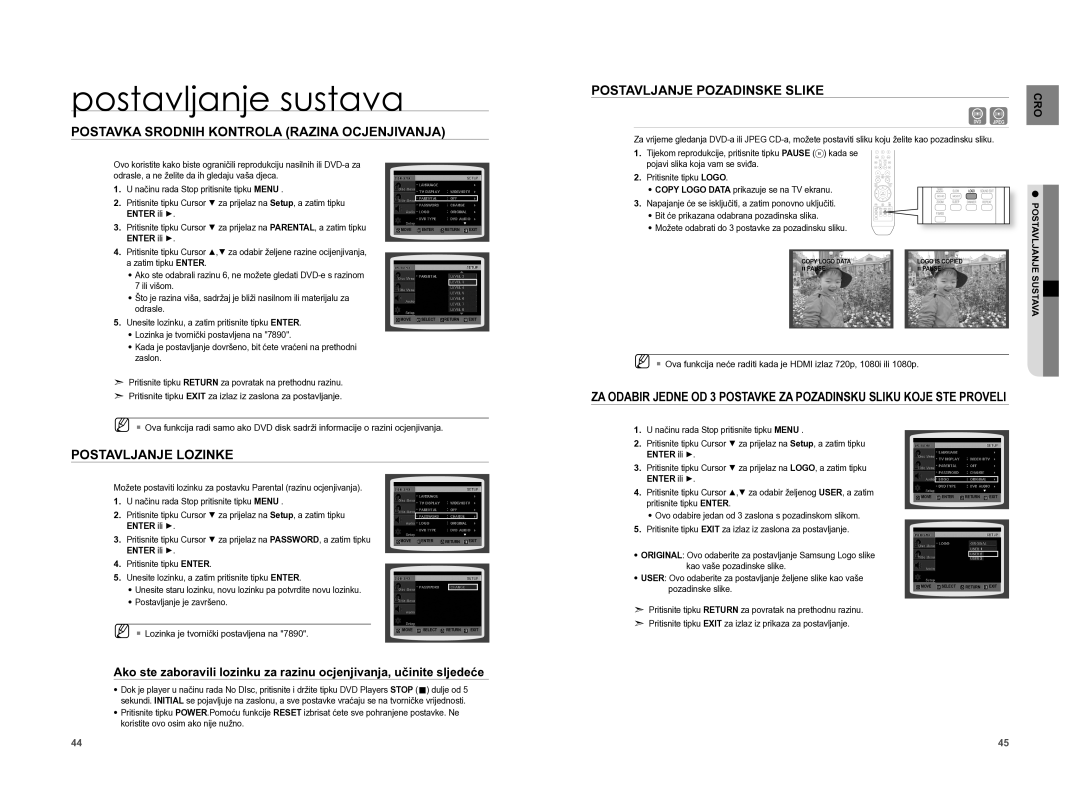 Samsung HT-XA100T/EDC Postavka Srodnih Kontrola Razina Ocjenjivanja, Postavljanje Lozinke Postavljanje Pozadinske Slike 