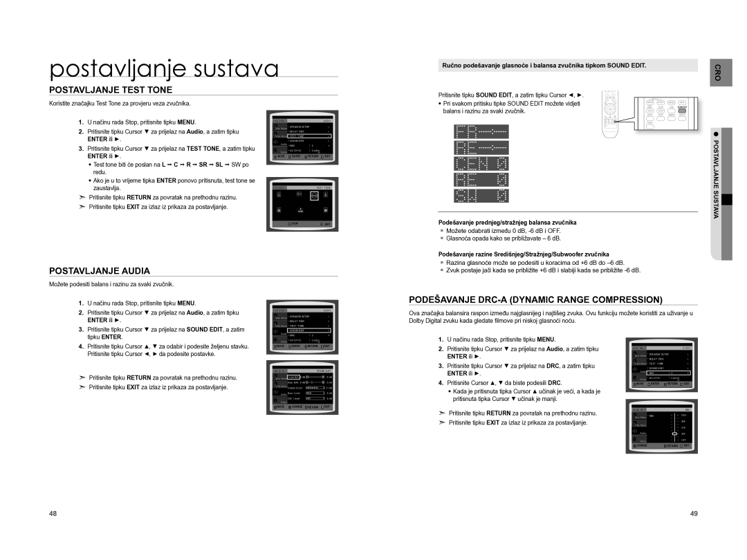 Samsung HT-XA100T/EDC Postavljanje Test Tone, Postavljanje Audia, Podešavanje DRC-A Dynamic Range Compression, Sustava 