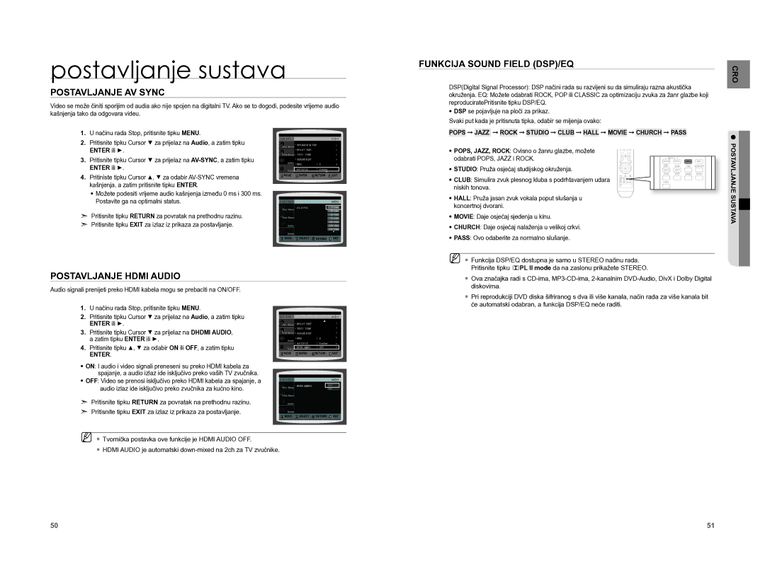 Samsung HT-XA100T/EDC manual Postavljanje AV Sync, Postavljanje Hdmi Audio, Funkcija Sound Field DSP/EQ 