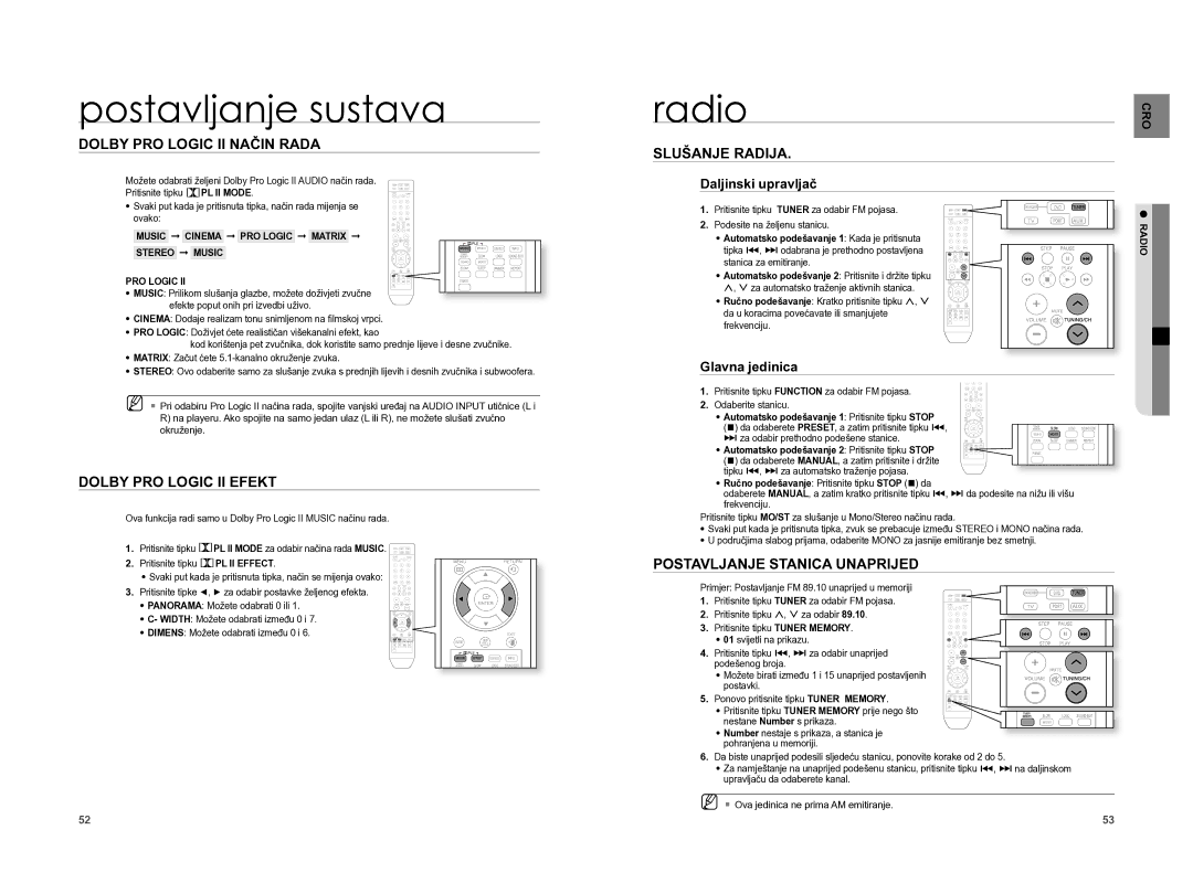 Samsung HT-XA100T/EDC manual Radio, Dolby PRO Logic II Način Rada, Dolby PRO Logic II Efekt, Slušanje Radija 