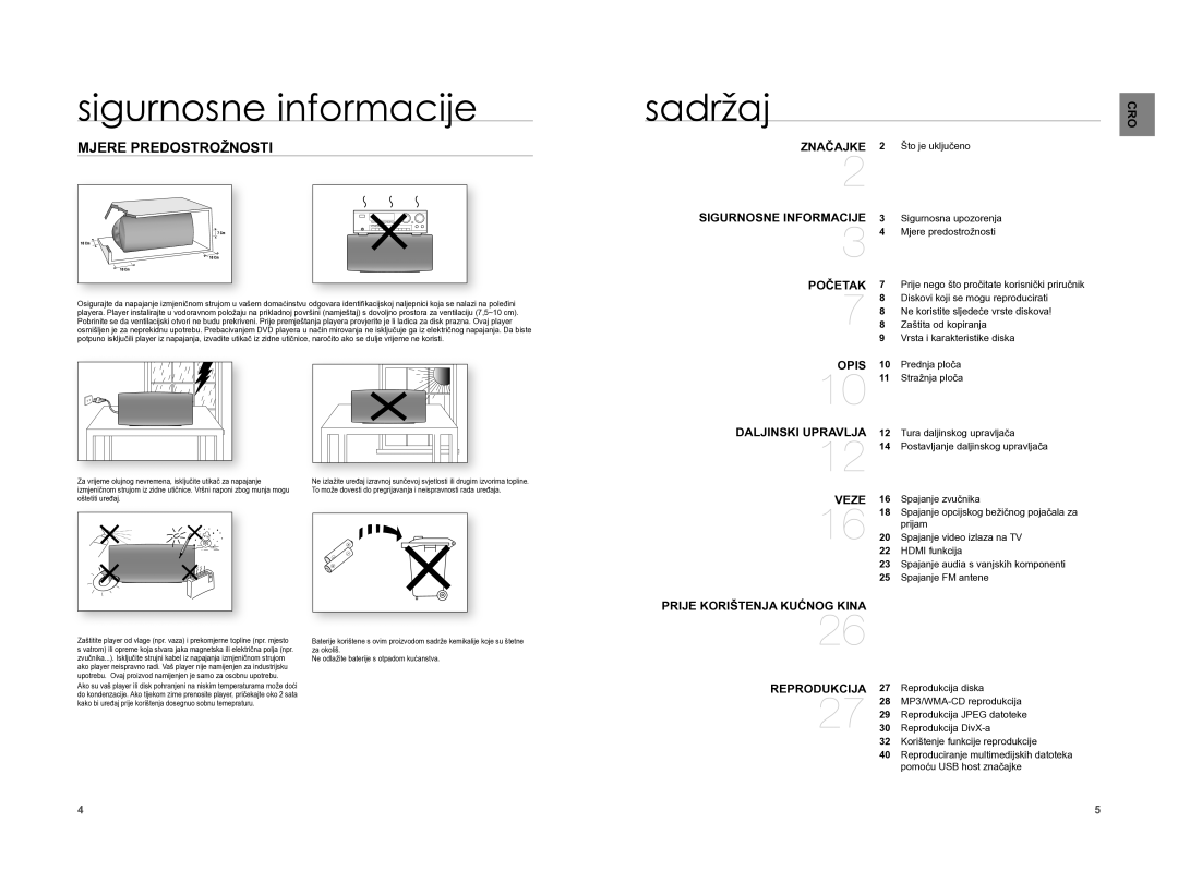 Samsung HT-XA100T/EDC manual Sadržaj, Mjere Predostrožnosti 