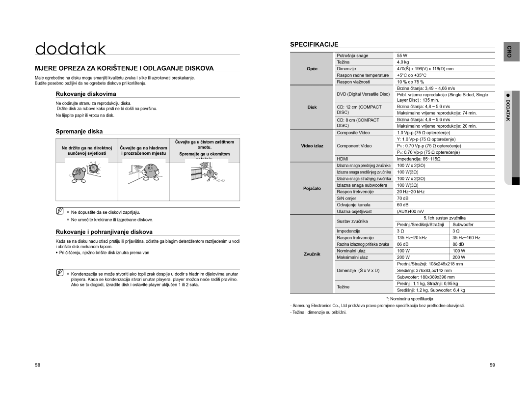 Samsung HT-XA100T/EDC manual Dodatak, Mjere Opreza ZA Korištenje I Odlaganje Diskova, Specifikacije 