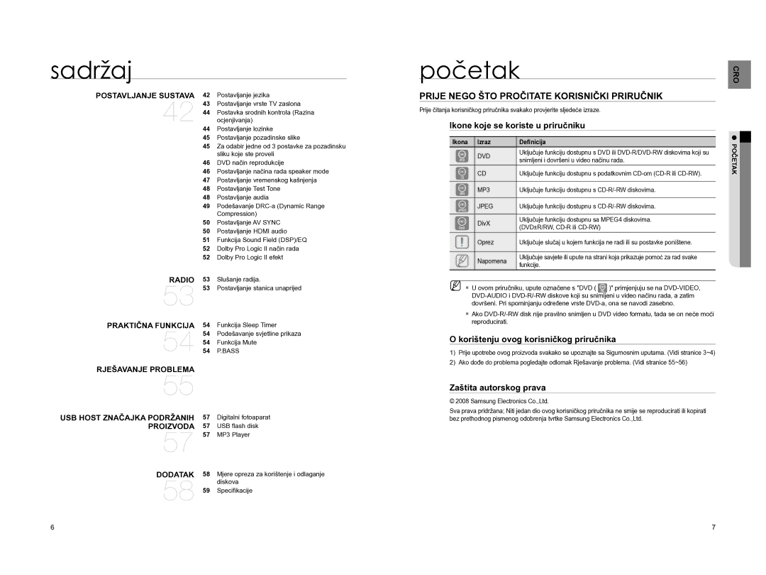 Samsung HT-XA100T/EDC manual Početak, Prije Nego ŠTO Pročitate Korisnički Priručnik, Ikone koje se koriste u priručniku 