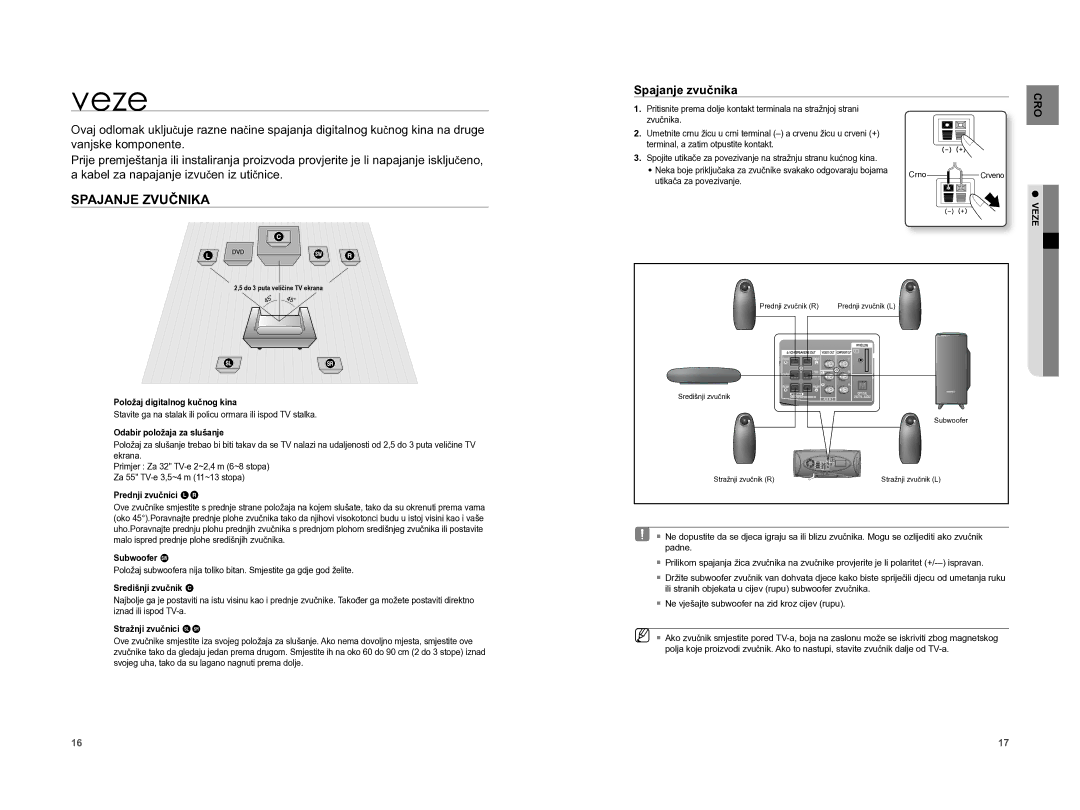 Samsung HT-XA100T/EDC manual Veze, Spajanje Zvučnika, Spajanje zvučnika 