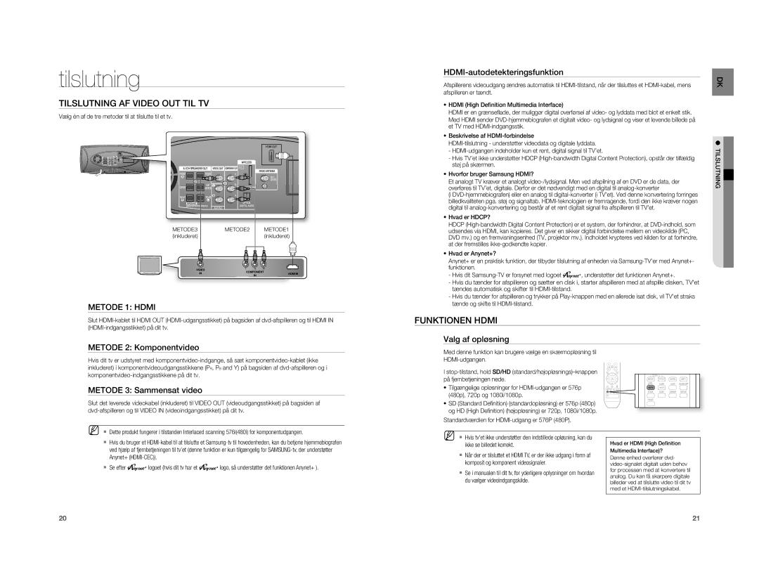 Samsung HT-XA100T/XEE manual Tilslutning AF Video OUT TIL TV, Funktionen Hdmi 