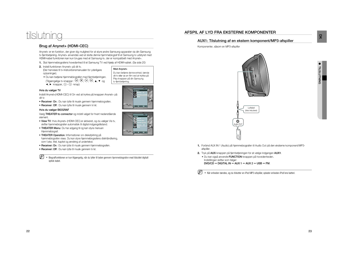 Samsung HT-XA100T/XEE manual Afspil AF LYD FRA Eksterne Komponenter, Brug af Anynet+ HDMI-CEC 