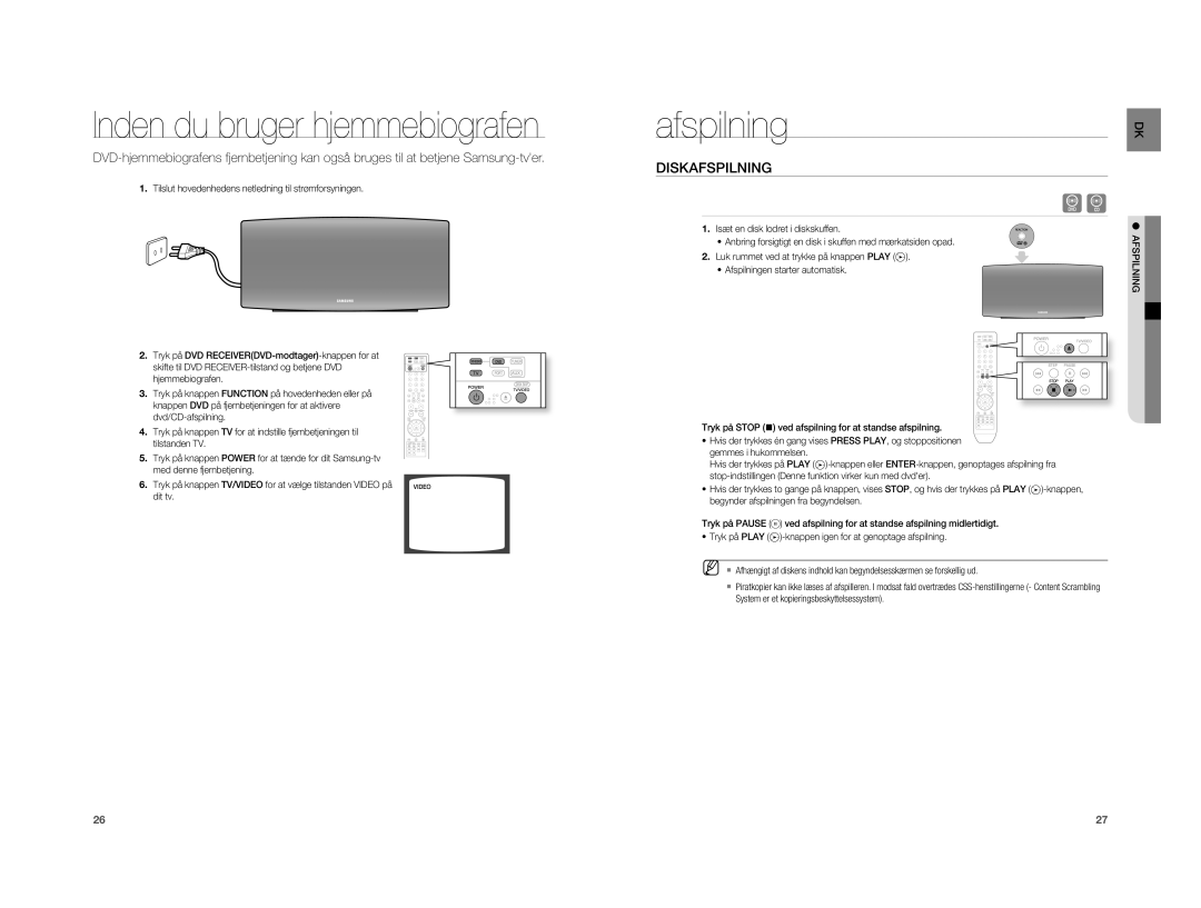 Samsung HT-XA100T/XEE manual Inden du bruger hjemmebiografen, Afspilning, Diskafspilning, Isæt en disk lodret i diskskuffen 