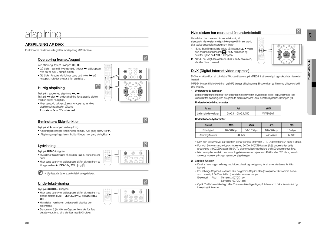 Samsung HT-XA100T/XEE manual Afspilning AF Divx 