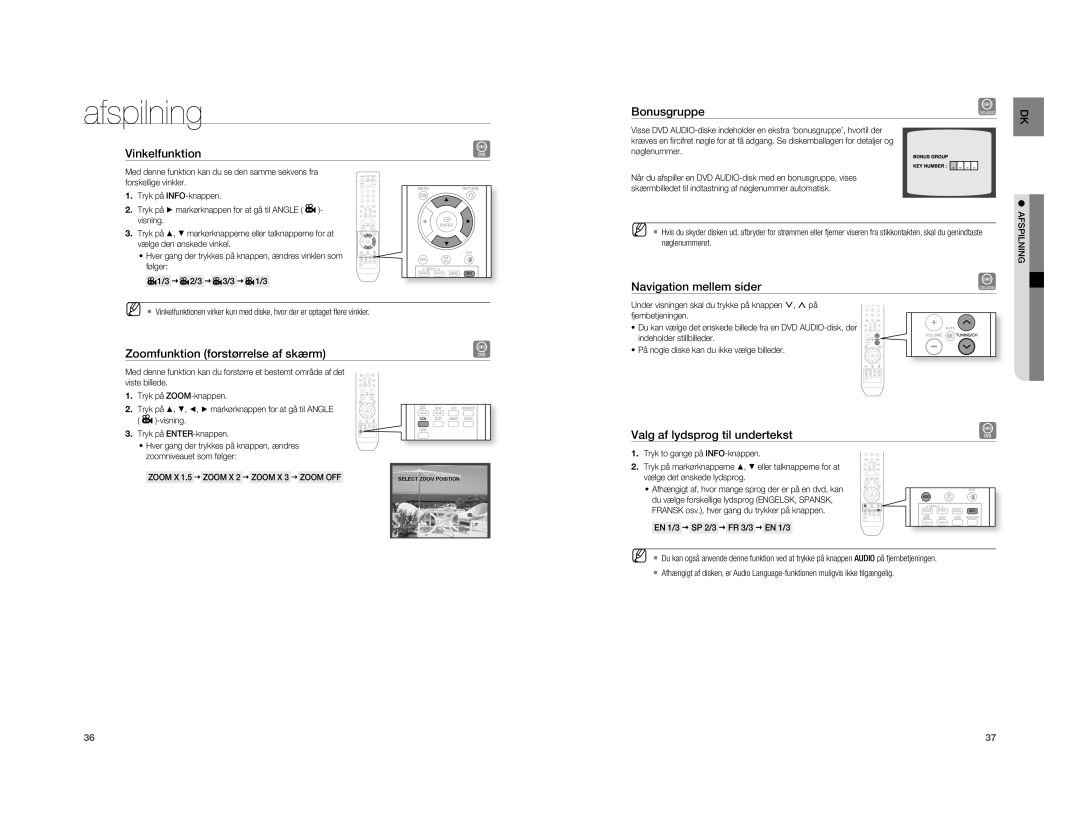 Samsung HT-XA100T/XEE manual Vinkelfunktion, Zoomfunktion forstørrelse af skærm, Valg af lydsprog til undertekst, Zoom X 