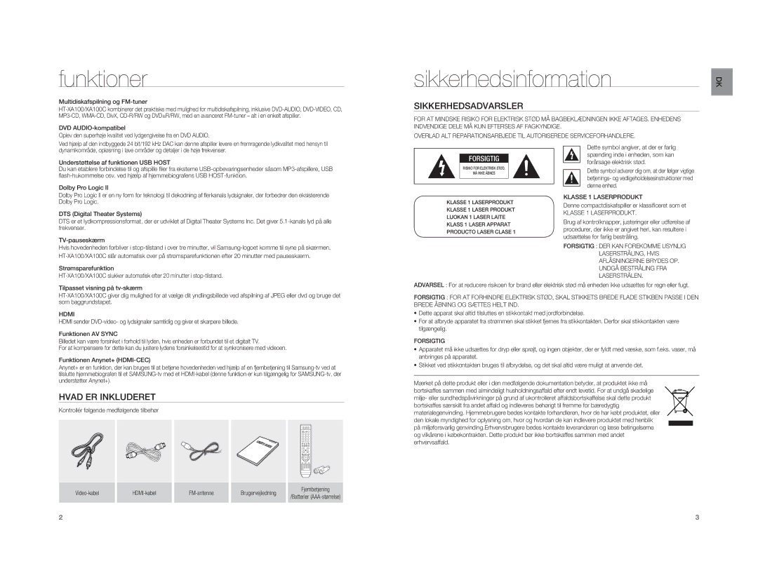 Samsung HT-XA100T/XEE manual Funktioner, Sikkerhedsinformation, Sikkerhedsadvarsler, Hvad ER Inkluderet 