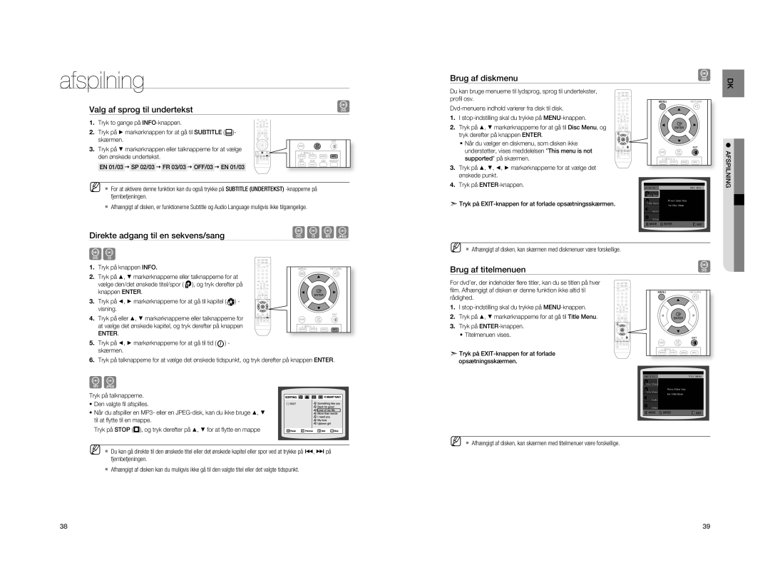 Samsung HT-XA100T/XEE manual Valg af sprog til undertekst, Direkte adgang til en sekvens/sang, Brug af diskmenu 