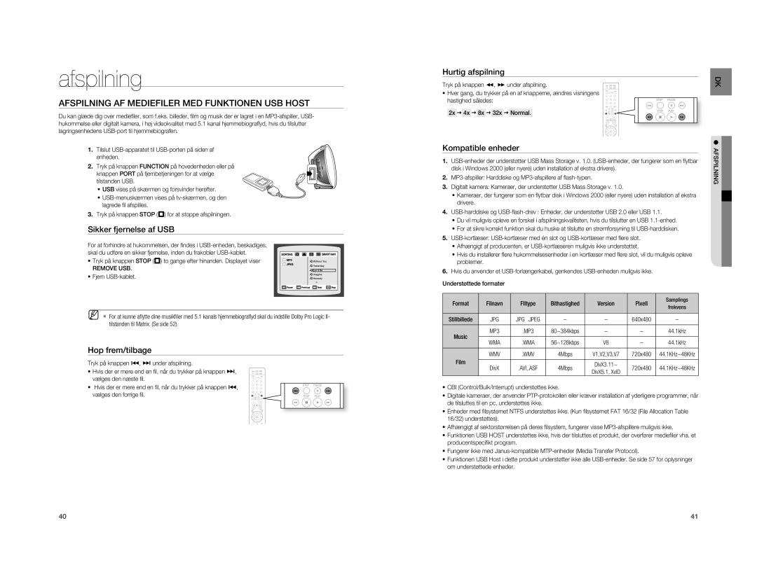 Samsung HT-XA100T/XEE manual Afspilning AF Mediefiler MED Funktionen USB Host, Sikker fjernelse af USB, Hop frem/tilbage 