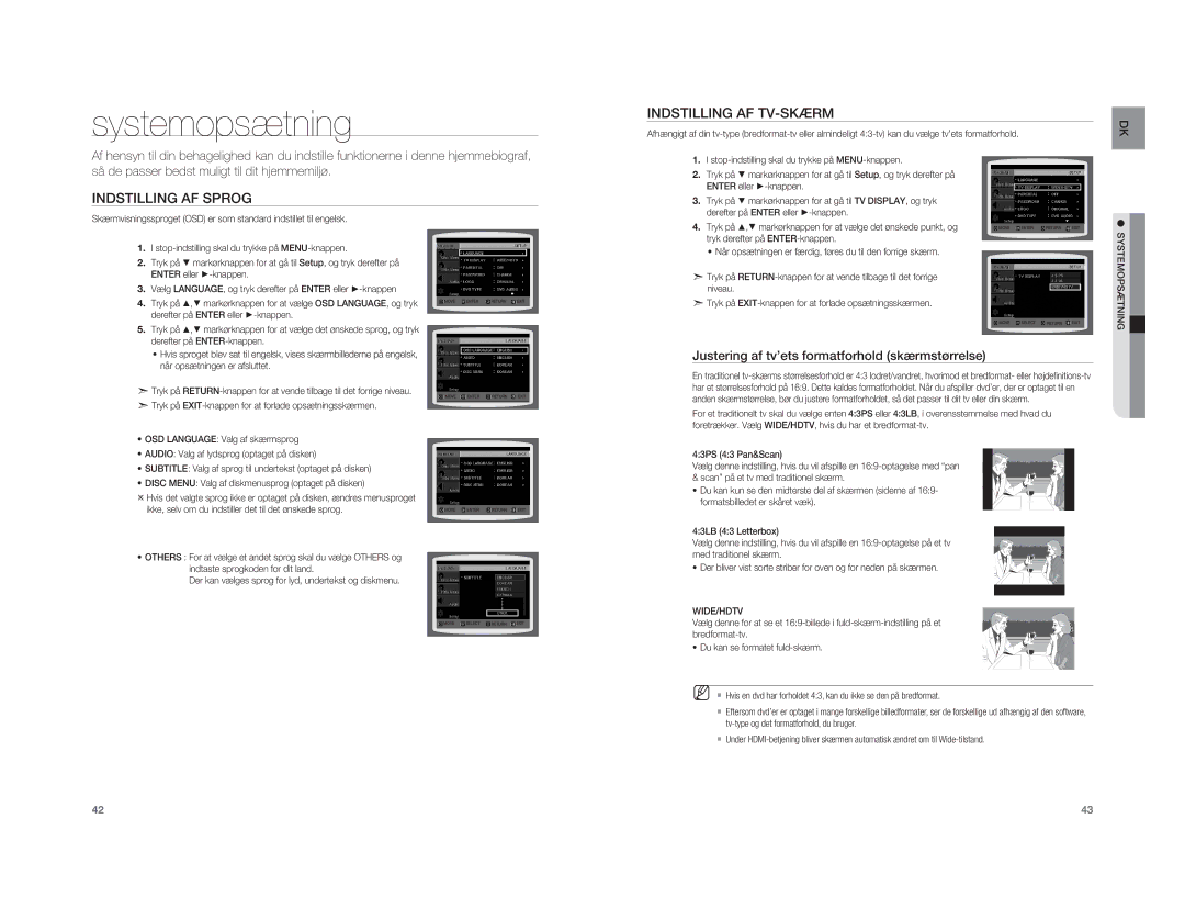 Samsung HT-XA100T/XEE manual Systemopsætning, Indstilling AF Sprog Indstilling AF TV-SKÆRM, Wide/Hdtv 