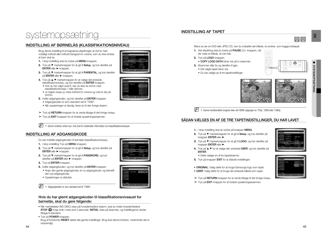 Samsung HT-XA100T/XEE Indstilling AF Børnelås Klassifikationsniveau, Indstilling AF Tapet, Indstilling AF Adgangskode 