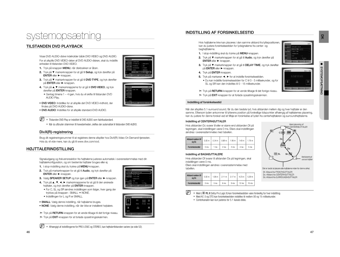 Samsung HT-XA100T/XEE Tilstanden DVD Playback, Højttalerindstilling Indstilling AF Forsinkelsestid, DivXR-registrering 