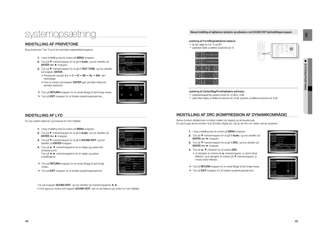 Samsung HT-XA100T/XEE manual Indstilling AF Prøvetone, Indstilling AF LYD, Indstilling AF DRC Kompression AF Dynamikområde 