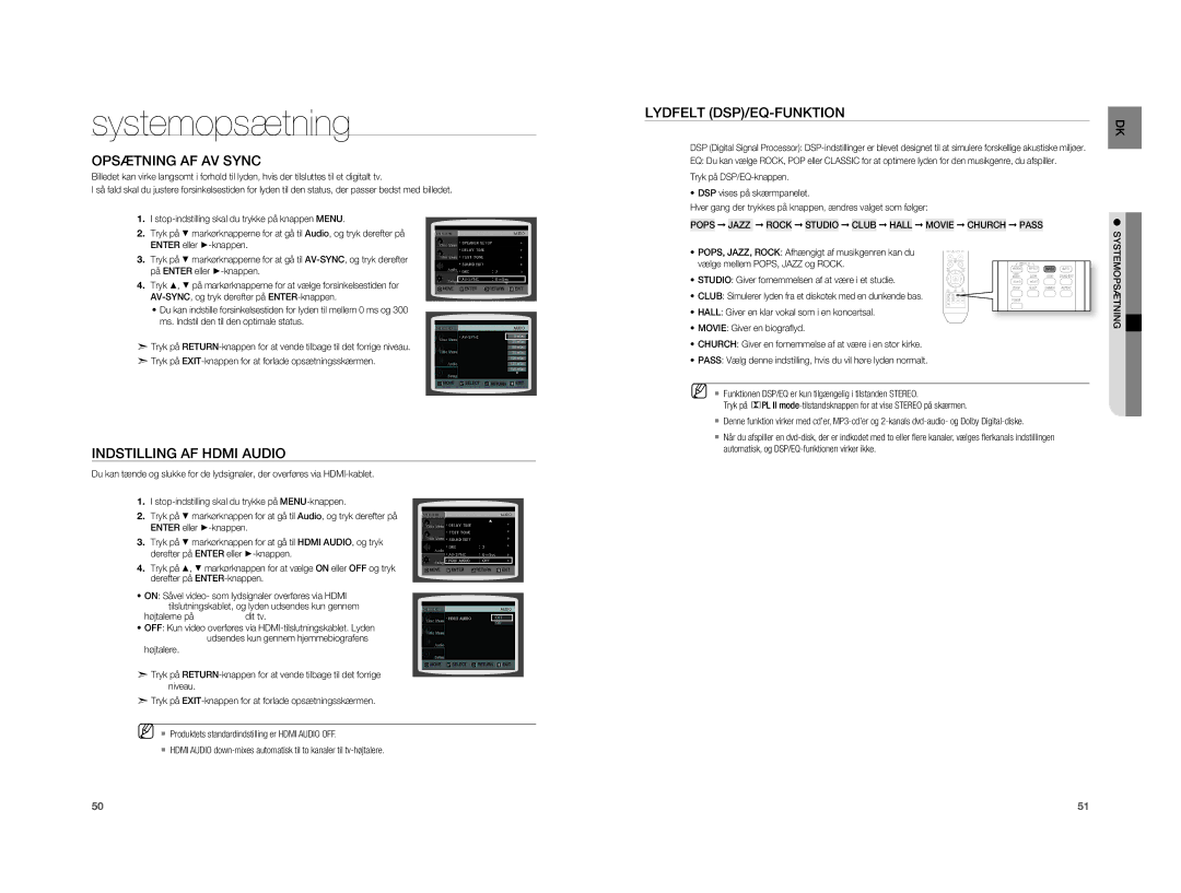 Samsung HT-XA100T/XEE manual Opsætning AF AV Sync, Indstilling AF Hdmi Audio, Lydfelt DSP/EQ-FUNKTION 