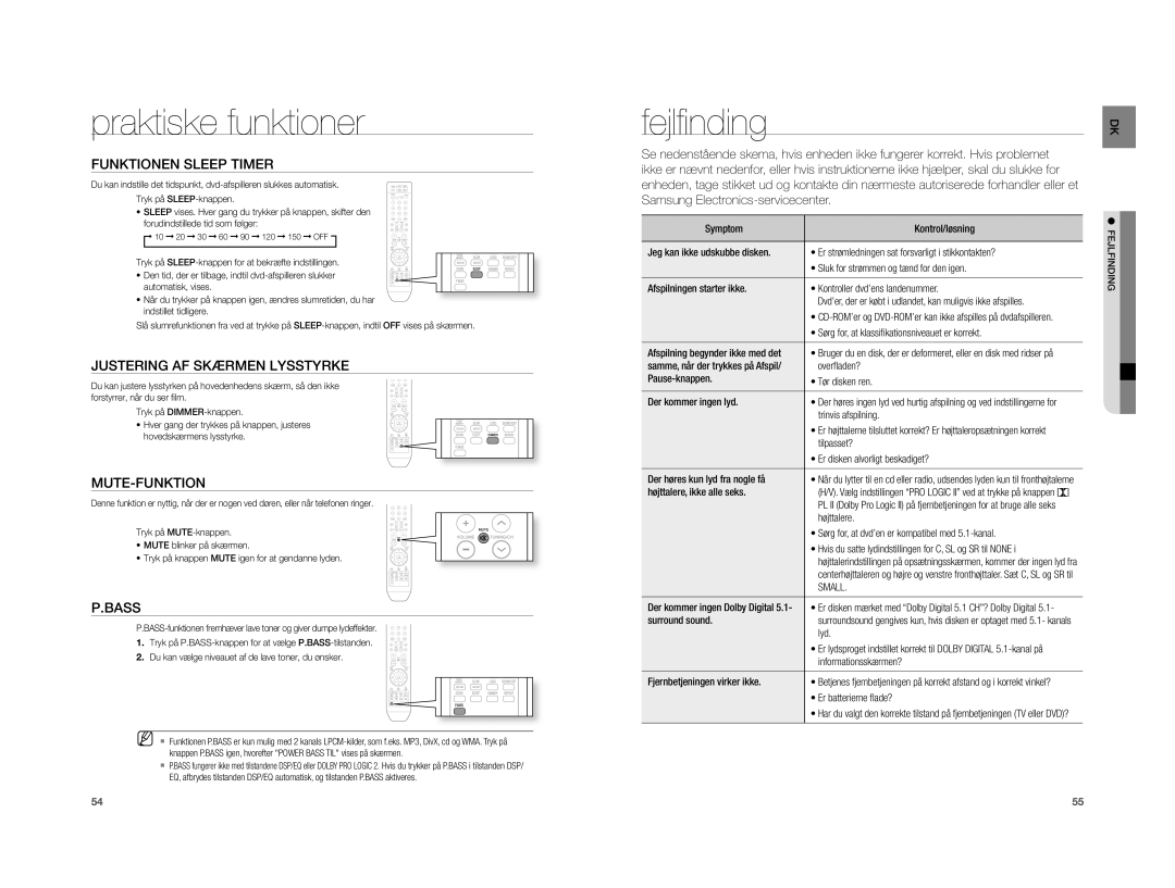 Samsung HT-XA100T/XEE manual Praktiske funktioner, Fejlﬁ nding 