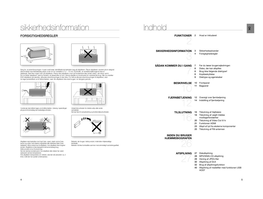 Samsung HT-XA100T/XEE manual Indhold, Forsigtighedsregler, Host 