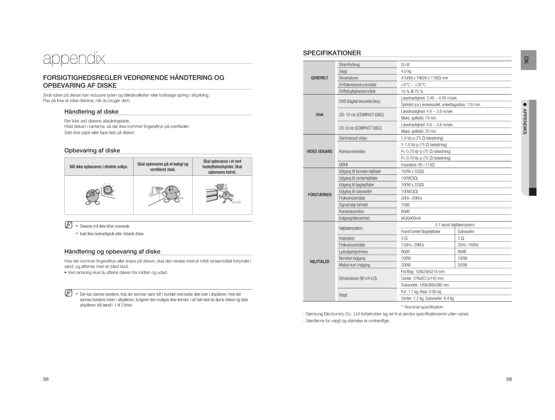 Samsung HT-XA100T/XEE manual Appendix, Specifikationer, Håndtering af diske, Opbevaring af diske 