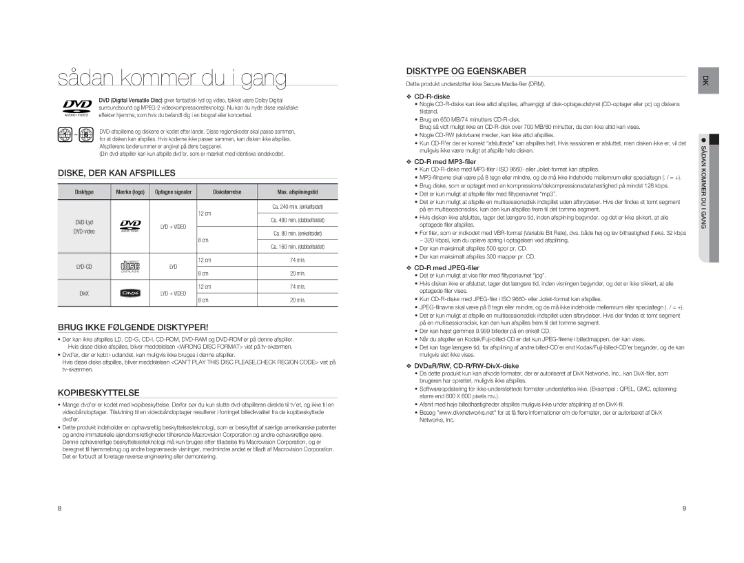 Samsung HT-XA100T/XEE DISKE, DER KAN Afspilles, Brug Ikke Følgende Disktyper, Kopibeskyttelse, Disktype OG Egenskaber 