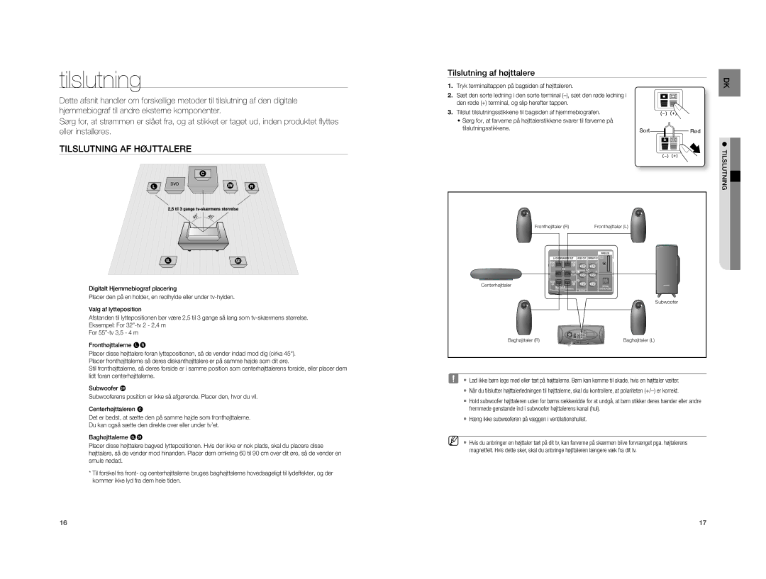 Samsung HT-XA100T/XEE manual Tilslutning AF Højttalere, Tilslutning af højttalere 