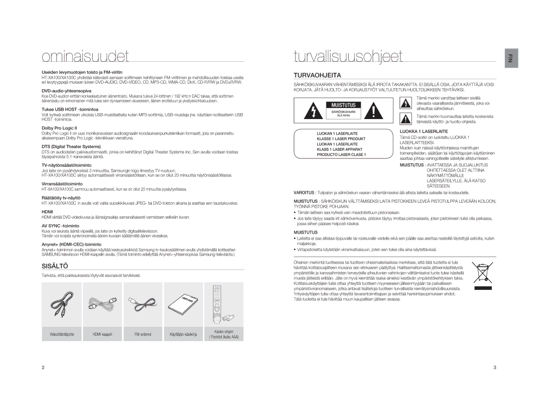 Samsung HT-XA100T/XEE manual Ominaisuudet, Turvallisuusohjeet, Turvaohjeita, Sisältö 