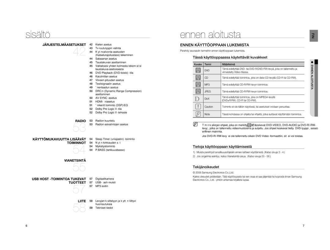 Samsung HT-XA100T/XEE manual Ennen aloitusta, Ennen Käyttöoppaan Lukemista, Tässä käyttöoppaassa käytettävät kuvakkeet 