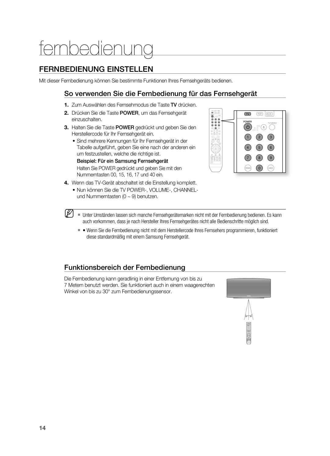 Samsung HT-XA100T/XEF, HT-XA100T/XEU Fernbedienung Einstellen, So verwenden Sie die Fernbedienung für das Fernsehgerät 