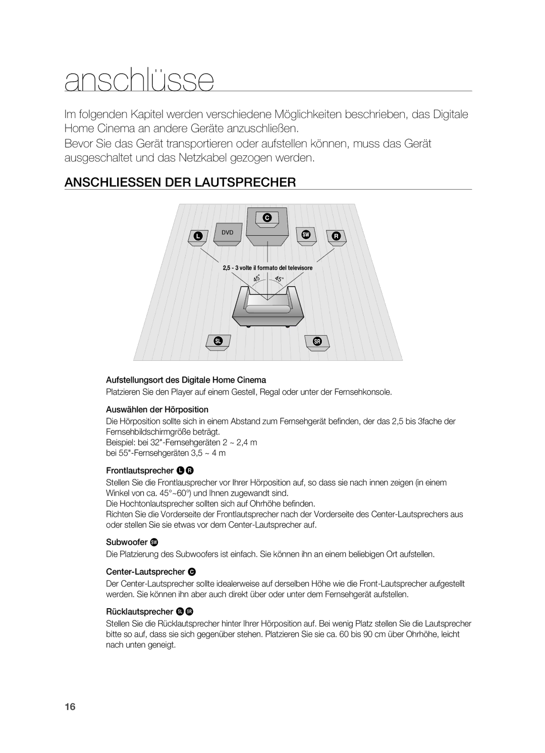 Samsung HT-XA100T/EDC, HT-XA100T/XEF, HT-XA100T/XEU manual Anschlüsse, Anschliessen der Lautsprecher 