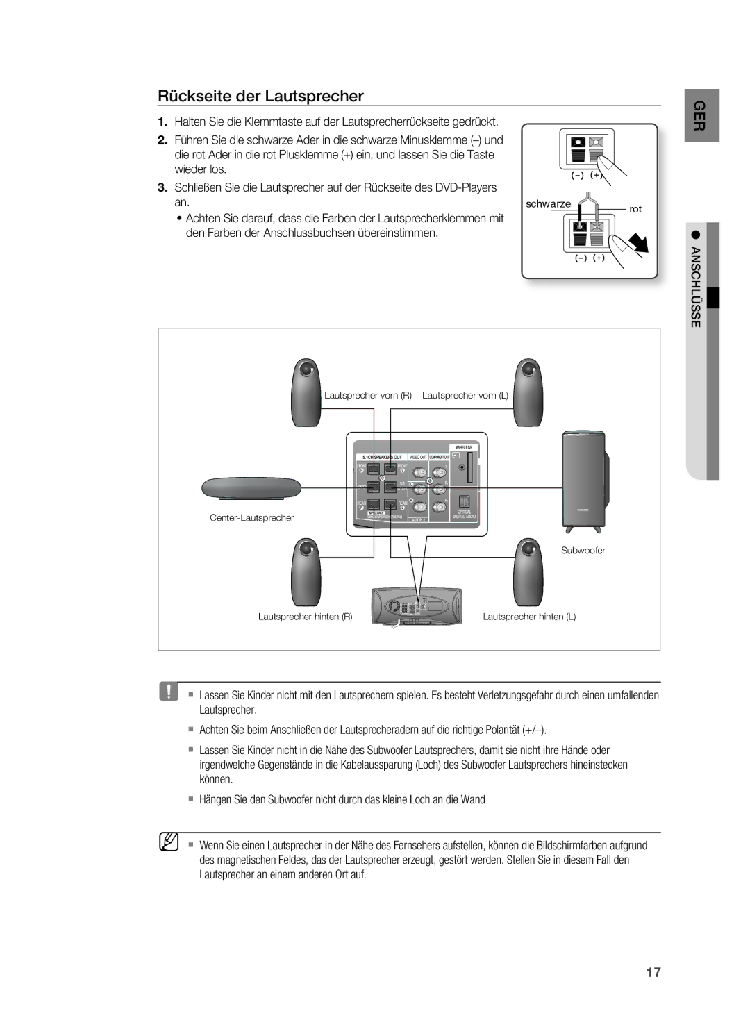 Samsung HT-XA100T/XEF Rückseite der Lautsprecher, Wieder los, Den Farben der Anschlussbuchsen übereinstimmen ANSCHLüSSE 