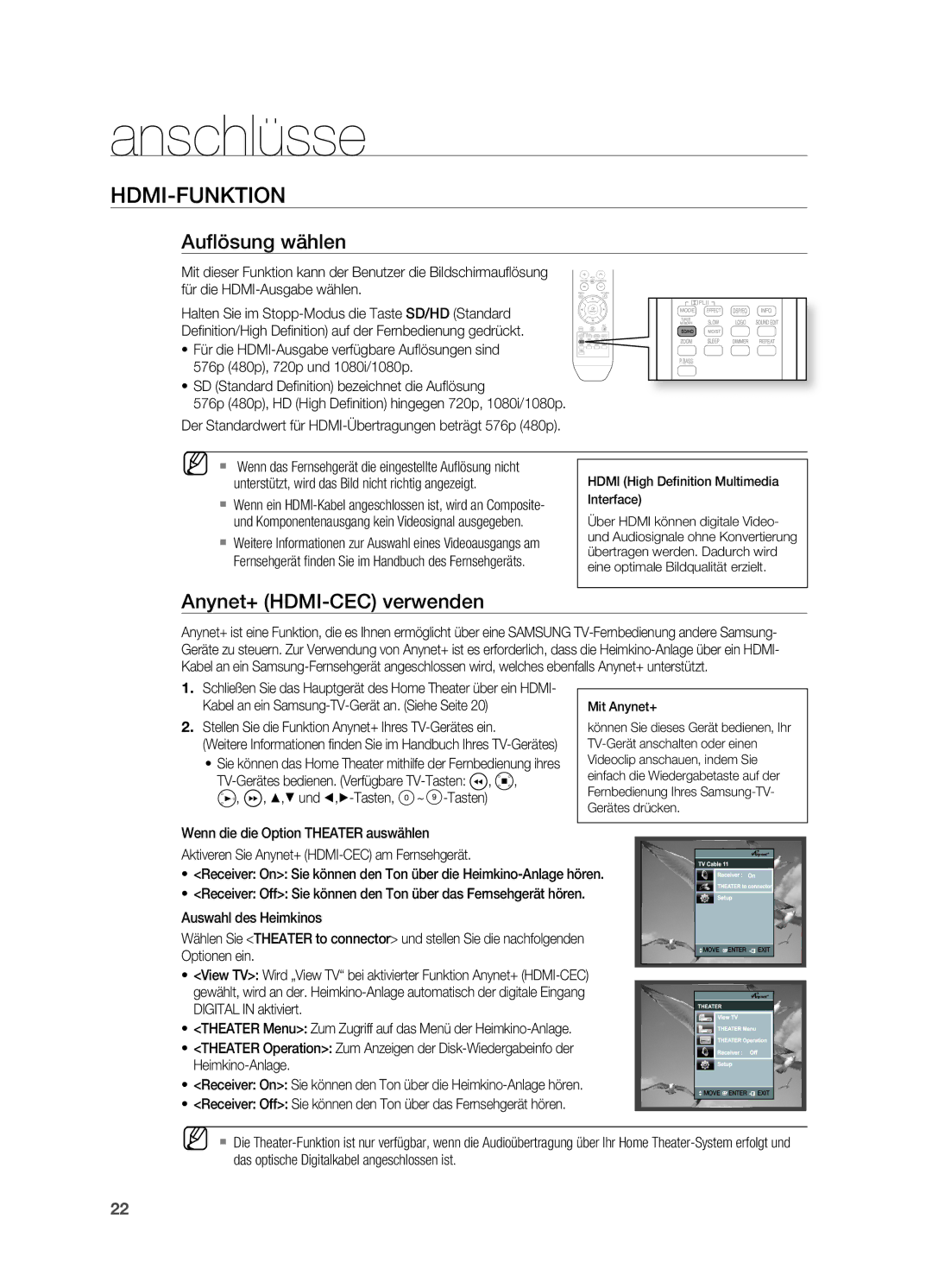 Samsung HT-XA100T/EDC, HT-XA100T/XEF, HT-XA100T/XEU manual Hdmi-Funktion, Auﬂösung wählen, Anynet+ HDMI-CEC verwenden 