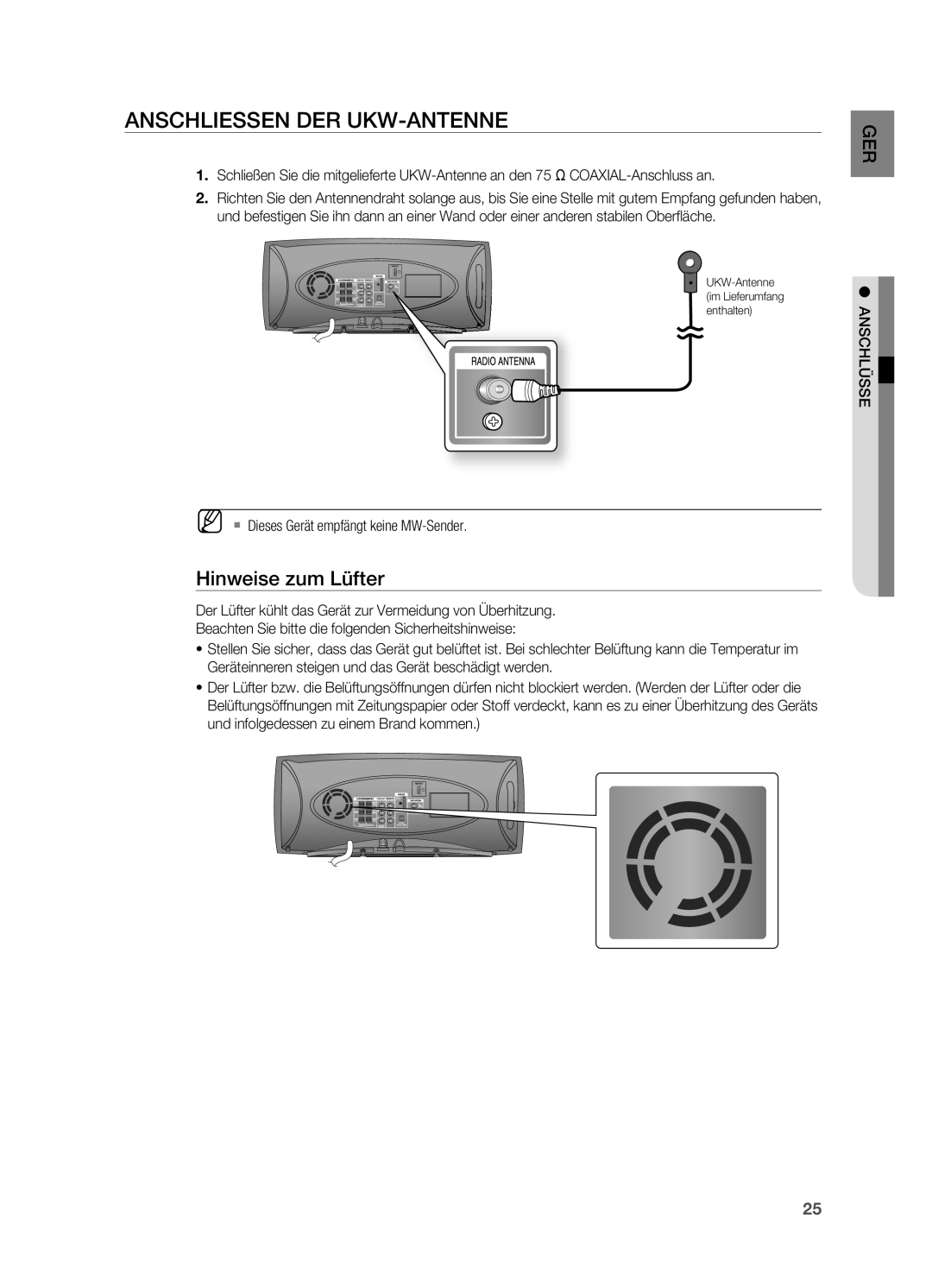 Samsung HT-XA100T/EDC manual Anschliessen der UKW-Antenne, Hinweise zum Lüfter, ` Dieses Gerät empfängt keine MW-Sender 