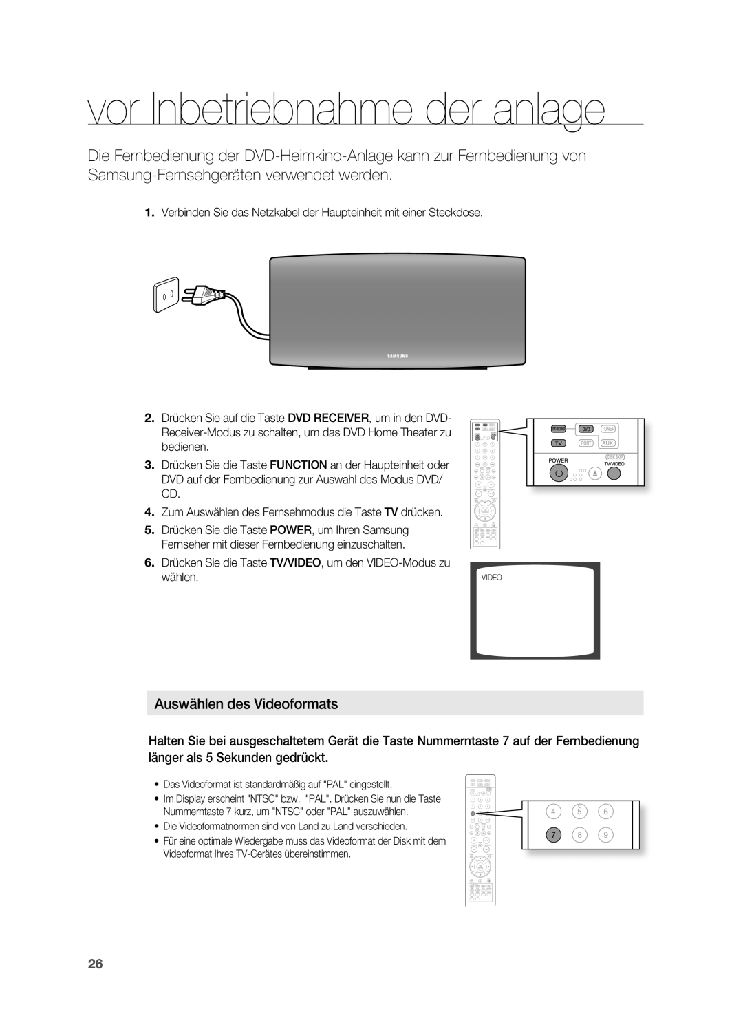 Samsung HT-XA100T/XEF, HT-XA100T/XEU, HT-XA100T/EDC manual Vor Inbetriebnahme der anlage, Auswählen des Videoformats 