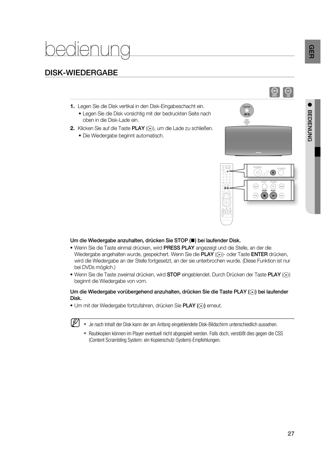 Samsung HT-XA100T/XEU, HT-XA100T/XEF, HT-XA100T/EDC manual Bedienung, Disk-Wiedergabe 