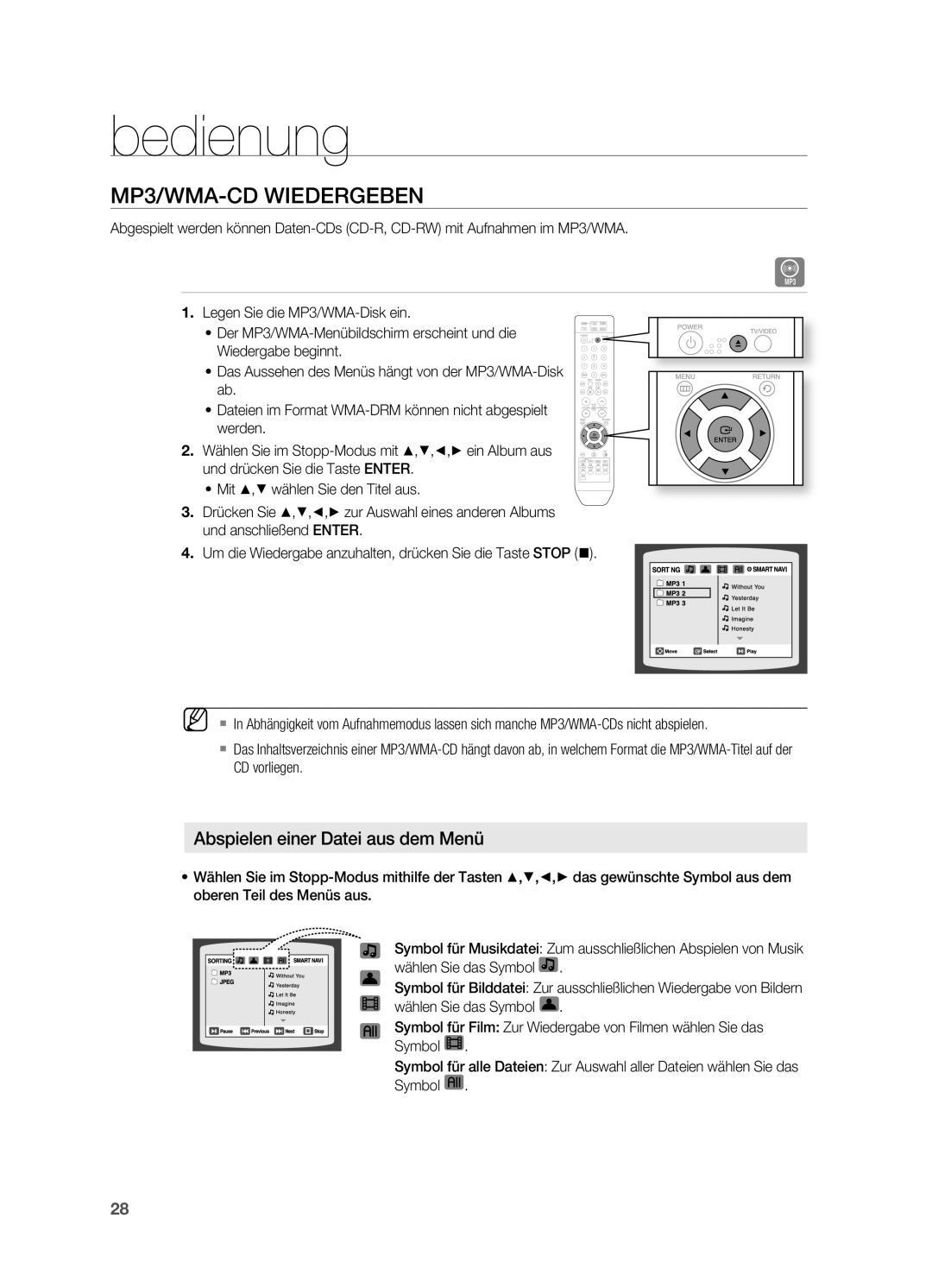 Samsung HT-XA100T/EDC, HT-XA100T/XEF, HT-XA100T/XEU manual MP3/WMA-CD Wiedergeben, Abspielen einer Datei aus dem Menü 