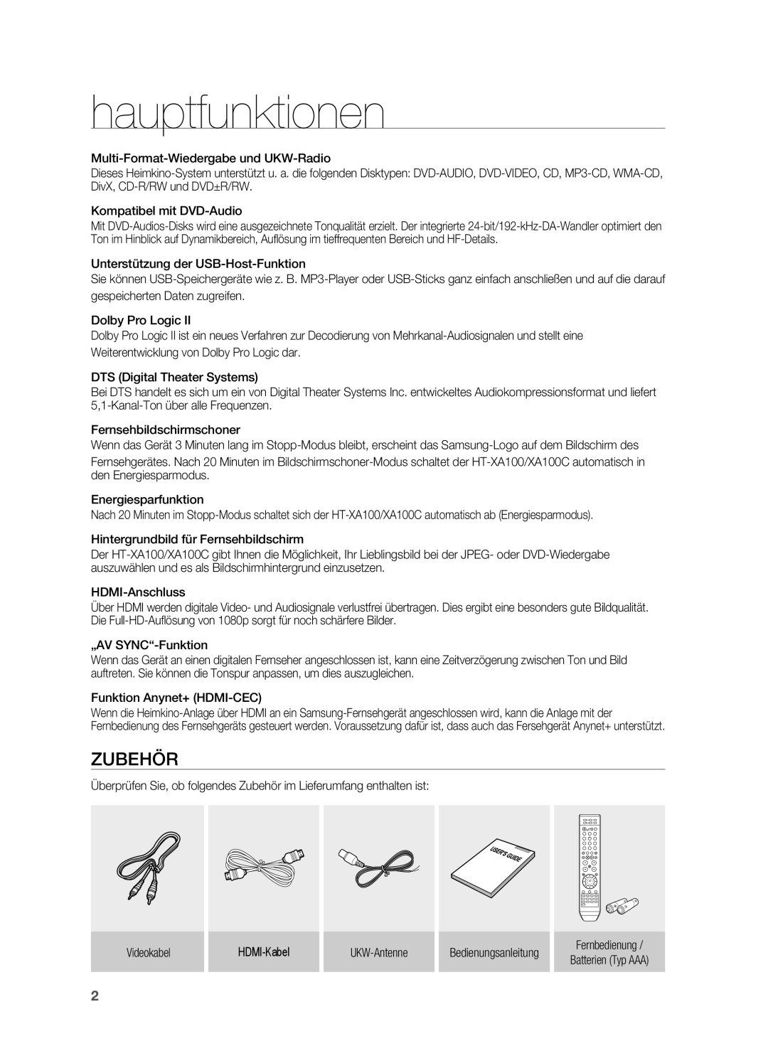 Samsung HT-XA100T/XEF, HT-XA100T/XEU, HT-XA100T/EDC manual Hauptfunktionen, Zubehör, Fernbedienung Batterien Typ AAA 