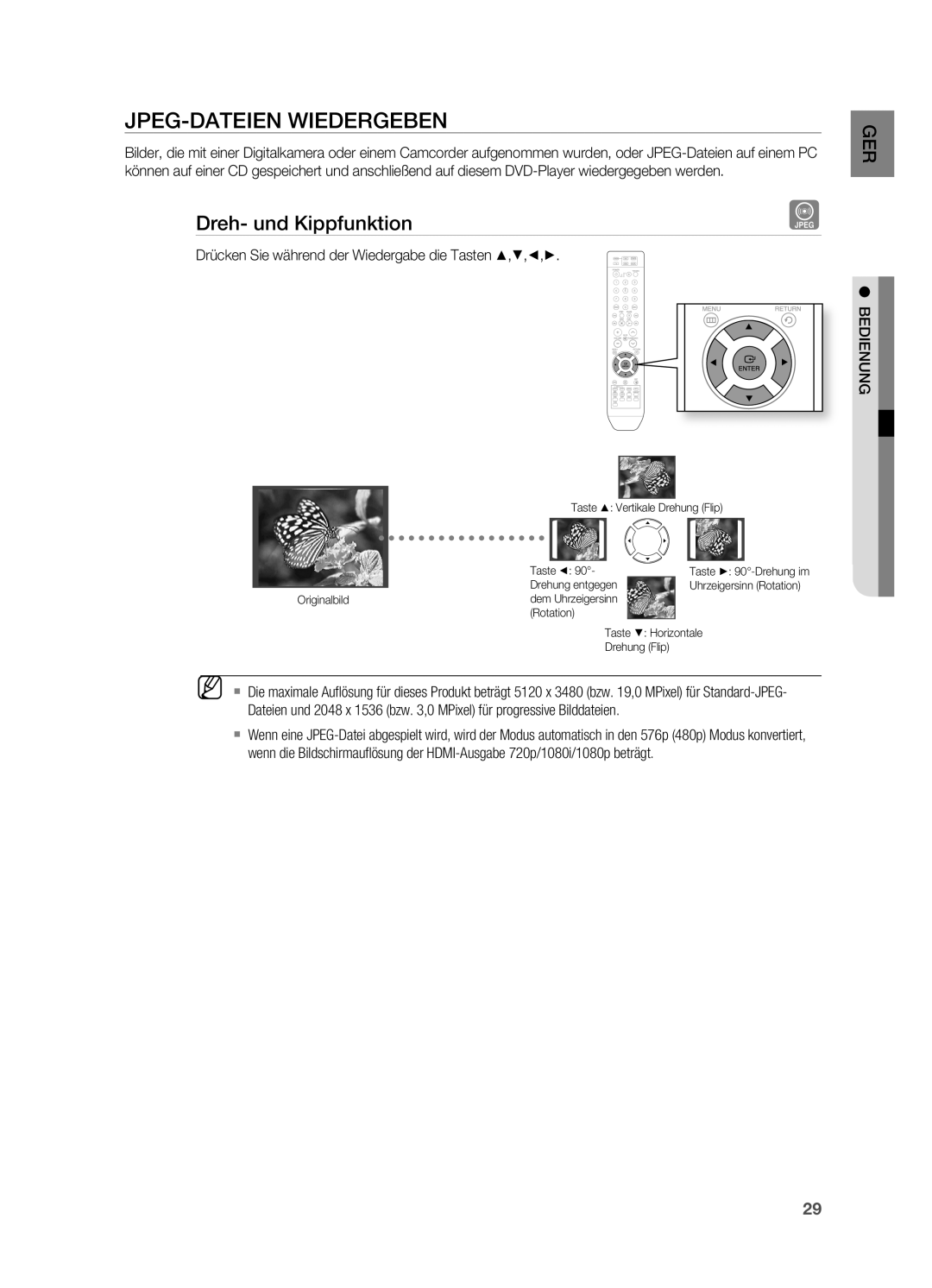 Samsung HT-XA100T/XEF, HT-XA100T/XEU, HT-XA100T/EDC manual JPEG-DATEIEN Wiedergeben, Dreh- und Kippfunktion 