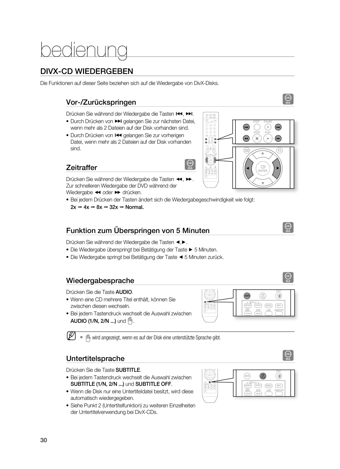 Samsung HT-XA100T/XEU, HT-XA100T/XEF, HT-XA100T/EDC manual DIVX-CD Wiedergeben 