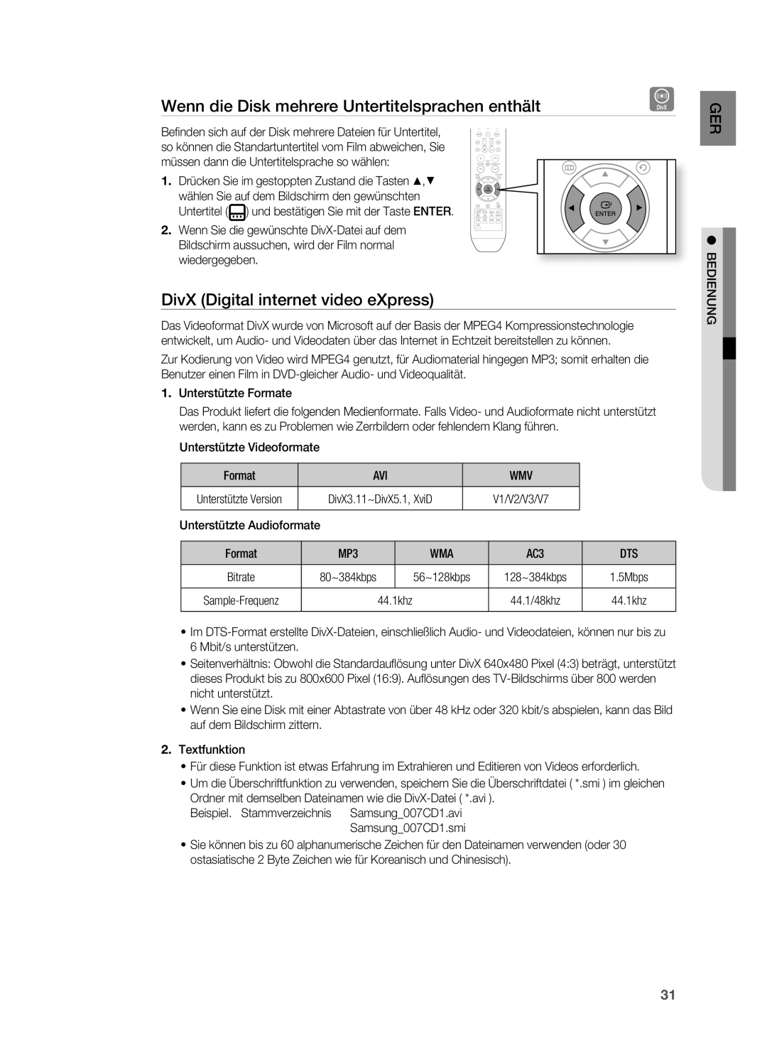 Samsung HT-XA100T/EDC manual Wenn die Disk mehrere Untertitelsprachen enthält, DivX Digital internet video eXpress, Dts 