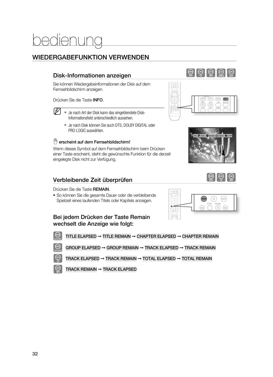 Samsung HT-XA100T/XEF manual Wiedergabefunktion Verwenden, Disk-Informationen anzeigen, Verbleibende Zeit überprüfen 