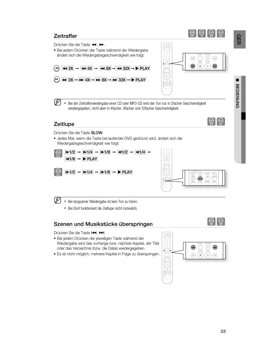 Samsung HT-XA100T/XEU manual Zeitlupe, Szenen und Musikstücke überspringen, Drücken Sie die Taste, 2X 4X 8X 32X  Play 