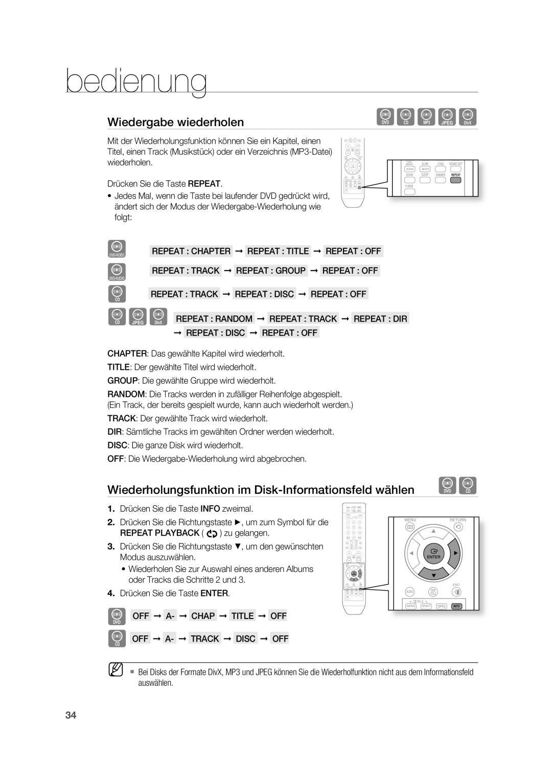 Samsung HT-XA100T/EDC, HT-XA100T/XEF manual Wiedergabe wiederholen, Wiederholungsfunktion im Disk-Informationsfeld wählen 