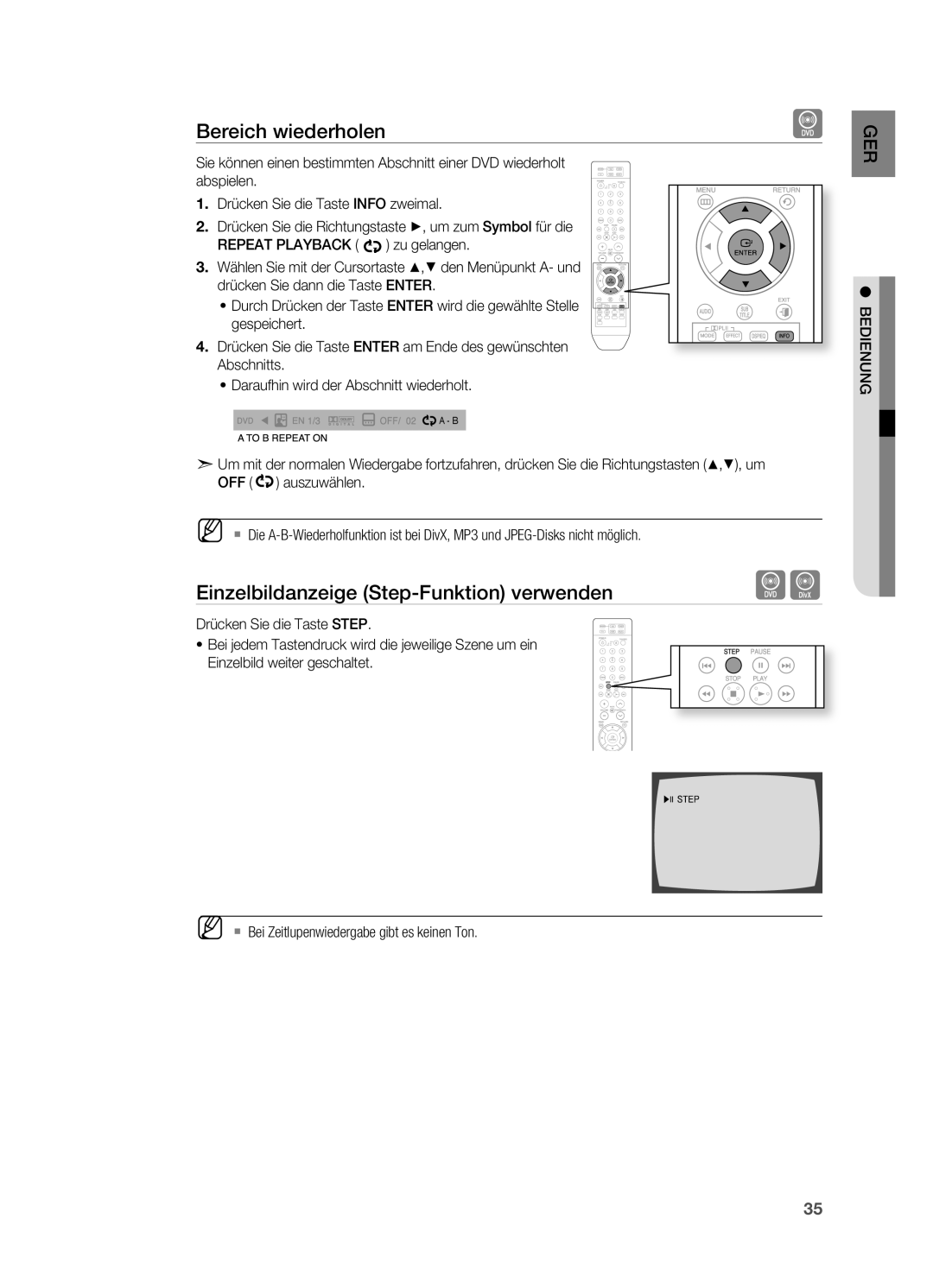 Samsung HT-XA100T/XEF, HT-XA100T/XEU, HT-XA100T/EDC manual Bereich wiederholen, Einzelbildanzeige Step-Funktion verwenden 