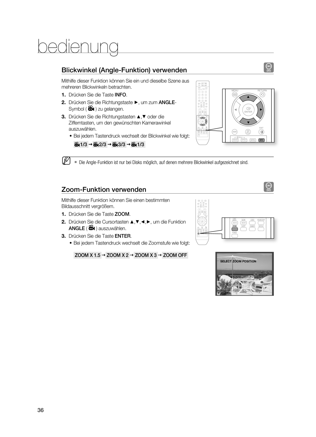 Samsung HT-XA100T/XEU, HT-XA100T/XEF, HT-XA100T/EDC manual Blickwinkel Angle-Funktion verwenden, Zoom-Funktion verwenden 