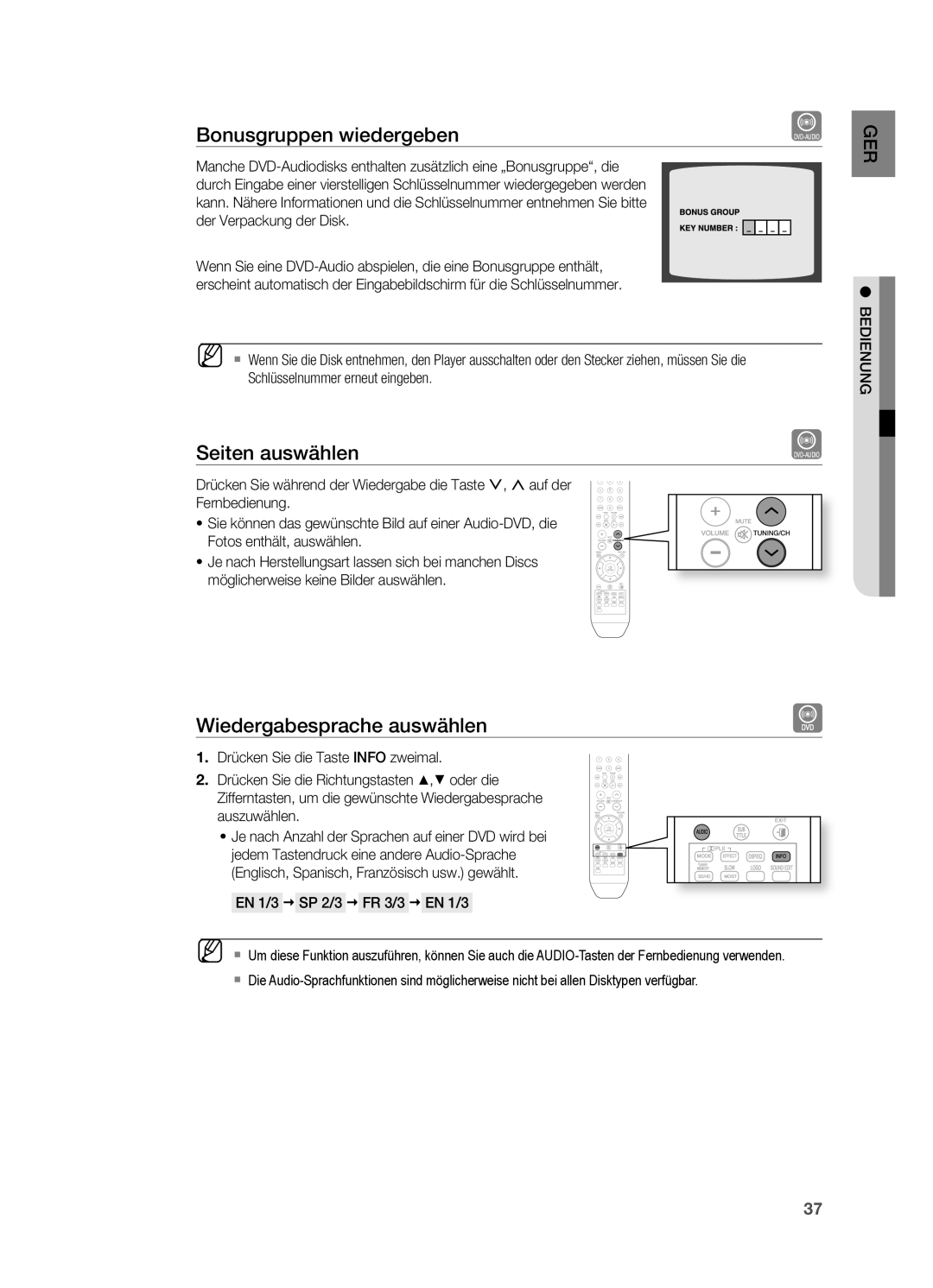 Samsung HT-XA100T/EDC, HT-XA100T/XEF, HT-XA100T/XEU manual Bonusgruppen wiedergeben, Wiedergabesprache auswählen 